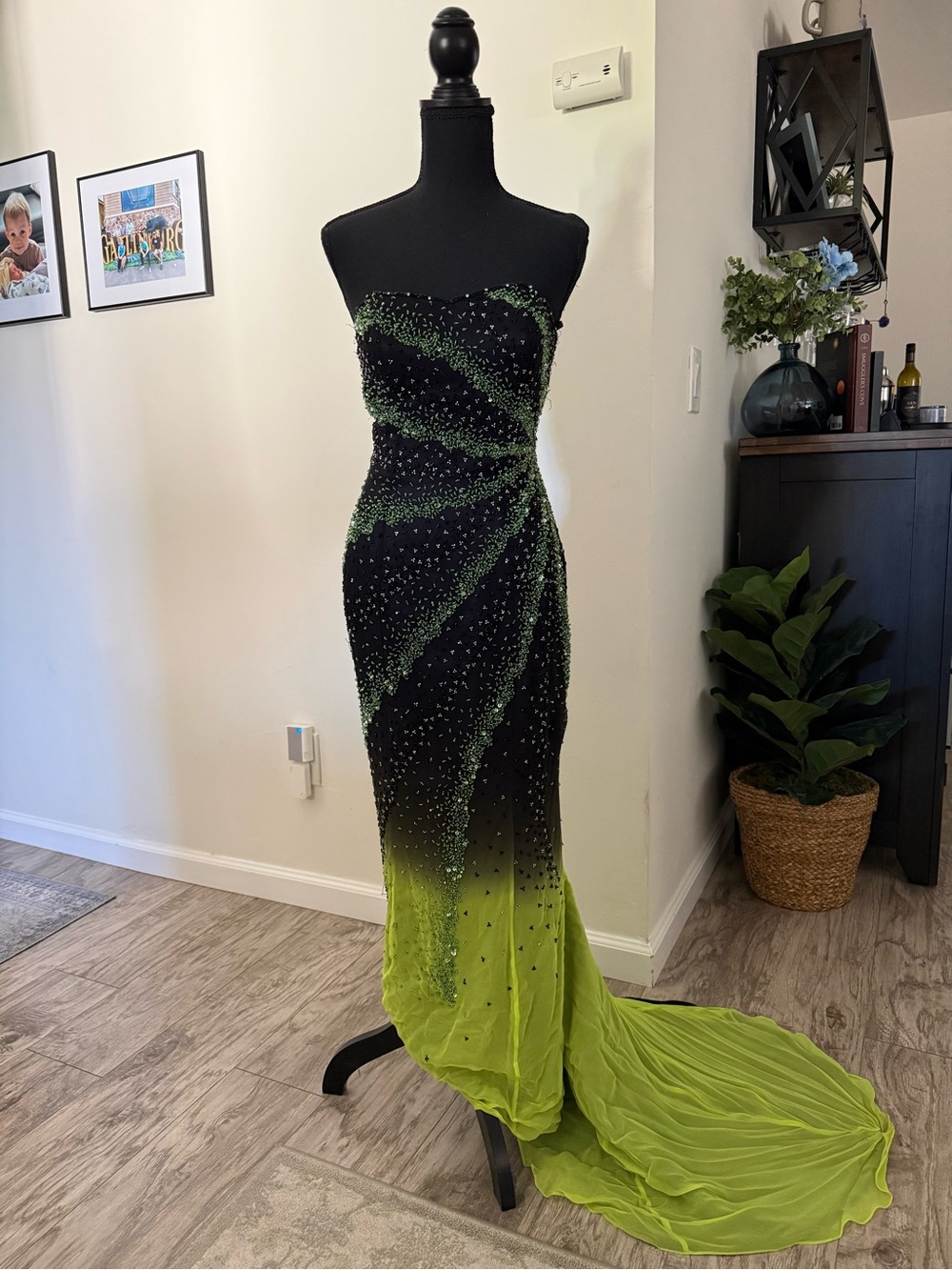Riva Designs Strapless Beaded Ombre Gown in Black and Lime